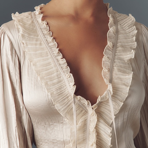 Anthropologie Cream Ruffle-Trim Tie Front Blouse - Picture 4 of 7